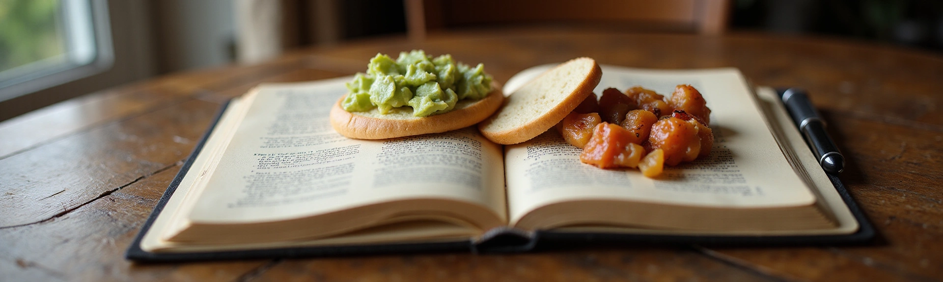 Open notebook with healthy recipes and warm light on a wooden table