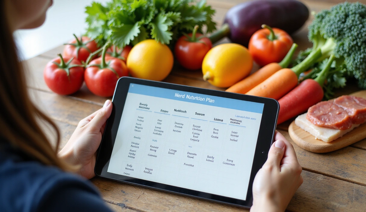 A person examining a personalized nutrition plan with fresh fruits and vegetables in the background.
