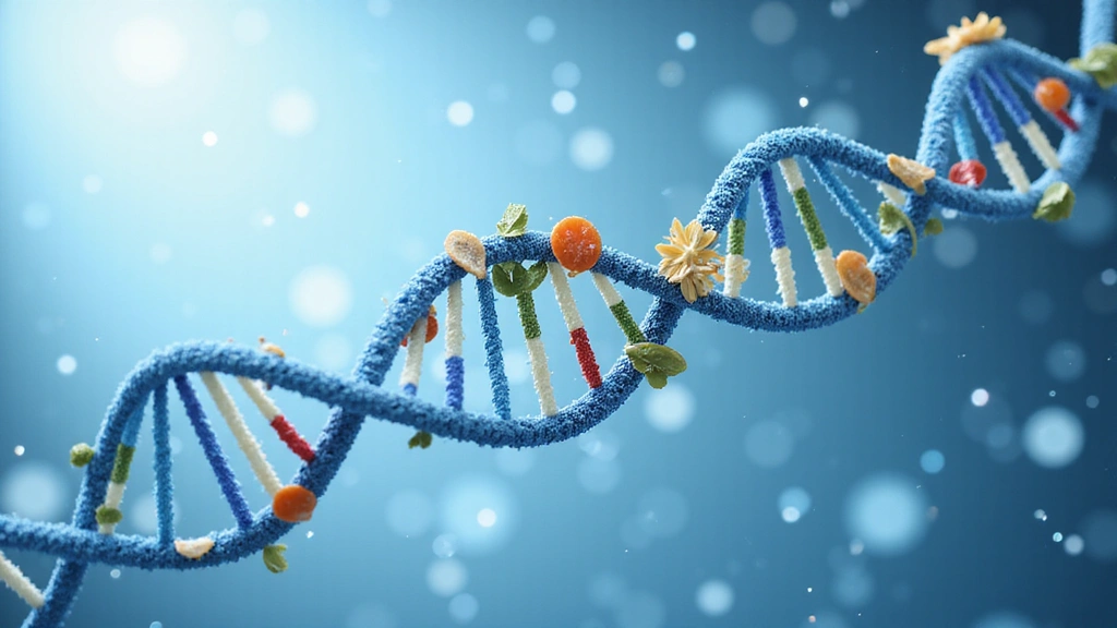 DNA helix structure intertwined with food molecules, symbolizing nutrigenomics.